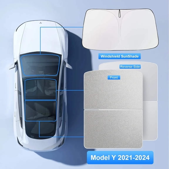 TJS [3Pcs] UV Protection for Tesla Model Y 2021-2024 Foldable Windshield & Roof Sunshade Set, Split Design, No-Sag