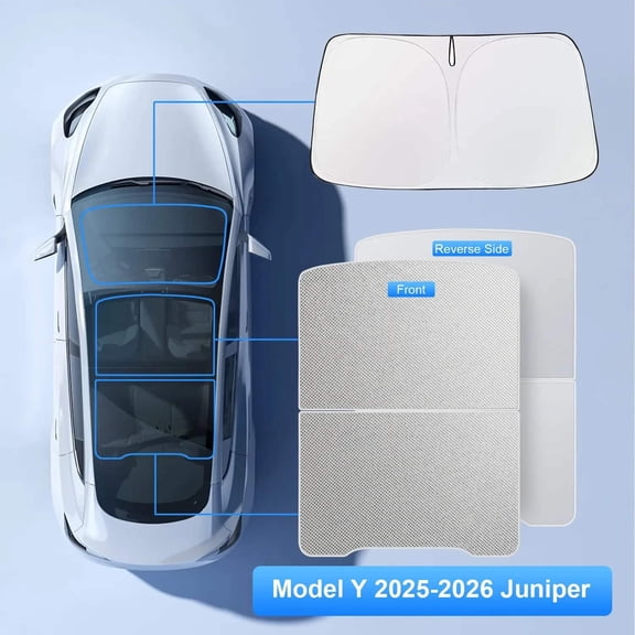 TJS [3Pcs] UV Protection for Tesla Model Y Juniper 2025-2026 Foldable Windshield & Roof Sunshade Set, Split Design, No-Sag