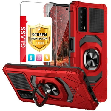 TJS for AT&T Maestro 3 Phone Case, with Tempered Glass Screen Protector, [Military Grade] Robotic Magnetic Support Car Mount Metal Ring Holder Kickstand Cover (Red)