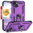thumbnail image 1 of TJS for Apple iPhone 14 Phone Case, with Tempered Glass Screen Protector, Impact Resistant Metal Ring Magnetic Support Kickstand Drop Protector Cover for iPhone 14 (Purple), 1 of 8