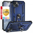 thumbnail image 1 of TJS for Apple iPhone 14 Phone Case, with Tempered Glass Screen Protector, Impact Resistant Metal Ring Magnetic Support Kickstand Drop Protector Cover for iPhone 14 (Blue), 1 of 8