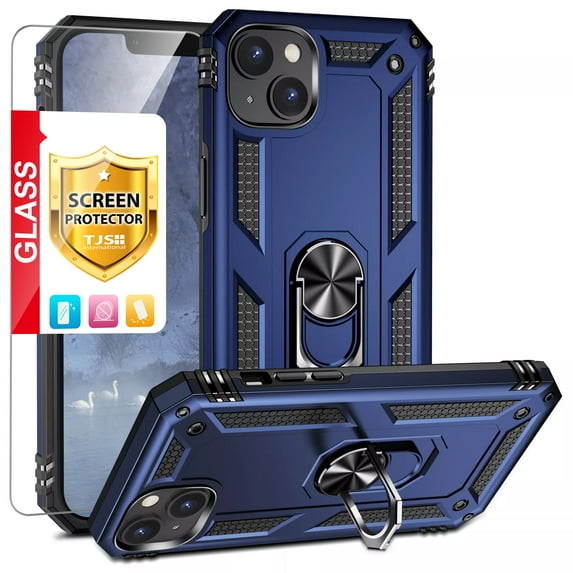 TJS for Apple iPhone 14 Phone Case, with Tempered Glass Screen Protector, Impact Resistant Metal Ring Magnetic Support Kickstand Drop Protector Cover for iPhone 14 (Blue)