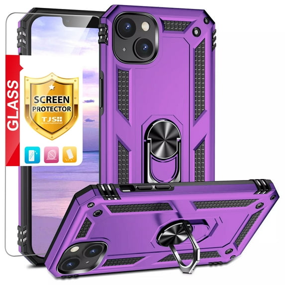 TJS for Apple iPhone 14 Phone Case, with Tempered Glass Screen Protector, Impact Resistant Metal Ring Magnetic Support Kickstand Drop Protector Cover for iPhone 14 (Purple)
