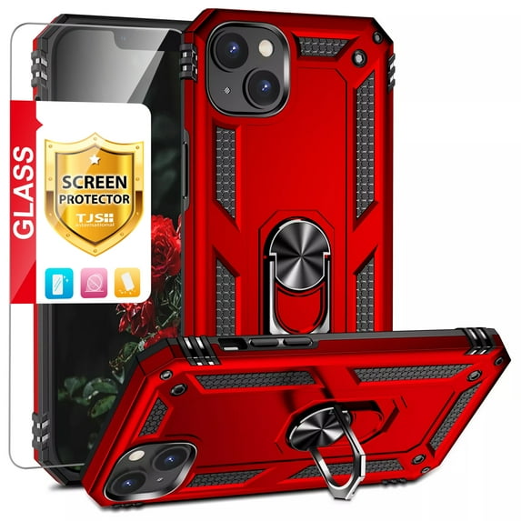 TJS for Apple iPhone 14 Plus Phone Case, with Tempered Glass Screen Protector, Impact Resistant Metal Ring Magnetic Support Kickstand Drop Protector Cover for iPhone 14 Plus (Red)