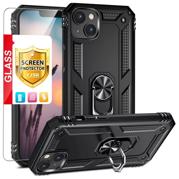 TJS for Apple iPhone 14 Plus Phone Case, with Tempered Glass Screen Protector, Impact Resistant Metal Ring Magnetic Support Kickstand Drop Protector Cover for iPhone 14 Plus (Black)