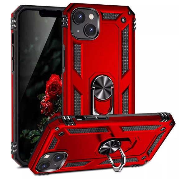 TJS Phone Case for Apple iPhone 14 Plus, Impact Resistant Metal Ring Magnetic Support Kickstand Drop Protector Cover for iPhone 14 Plus (Red)