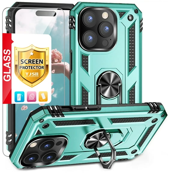 TJS for Apple iPhone 14 Pro Max Phone Case, with Tempered Glass Screen Protector, Impact Resistant Metal Ring Magnetic Support Kickstand Drop Protector Cover for iPhone 14 Pro Max (Teal)
