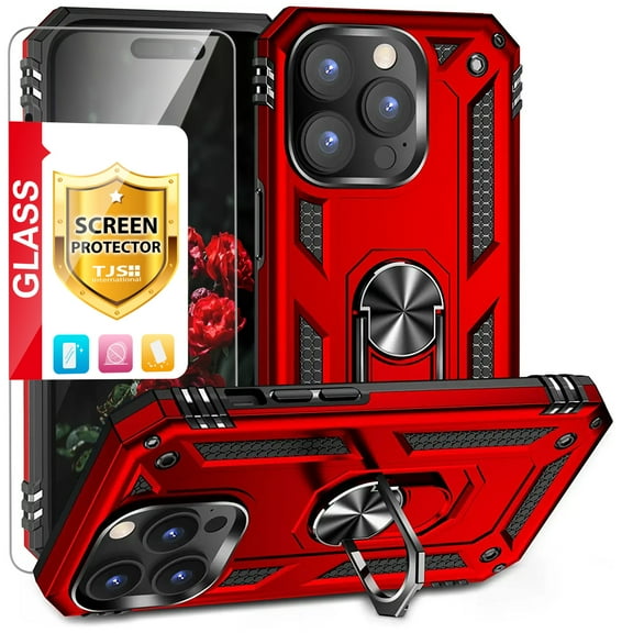 TJS for Apple iPhone 14 Pro Max Phone Case, with Tempered Glass Screen Protector, Impact Resistant Metal Ring Magnetic Support Kickstand Drop Protector Cover for iPhone 14 Pro Max (Red)