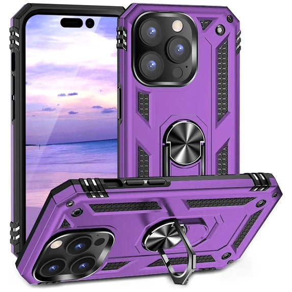 TJS Phone Case for Apple iPhone 14 Pro Max, Impact Resistant Metal Ring Magnetic Support Kickstand Drop Protector Cover for iPhone 14 Pro Max (Purple)