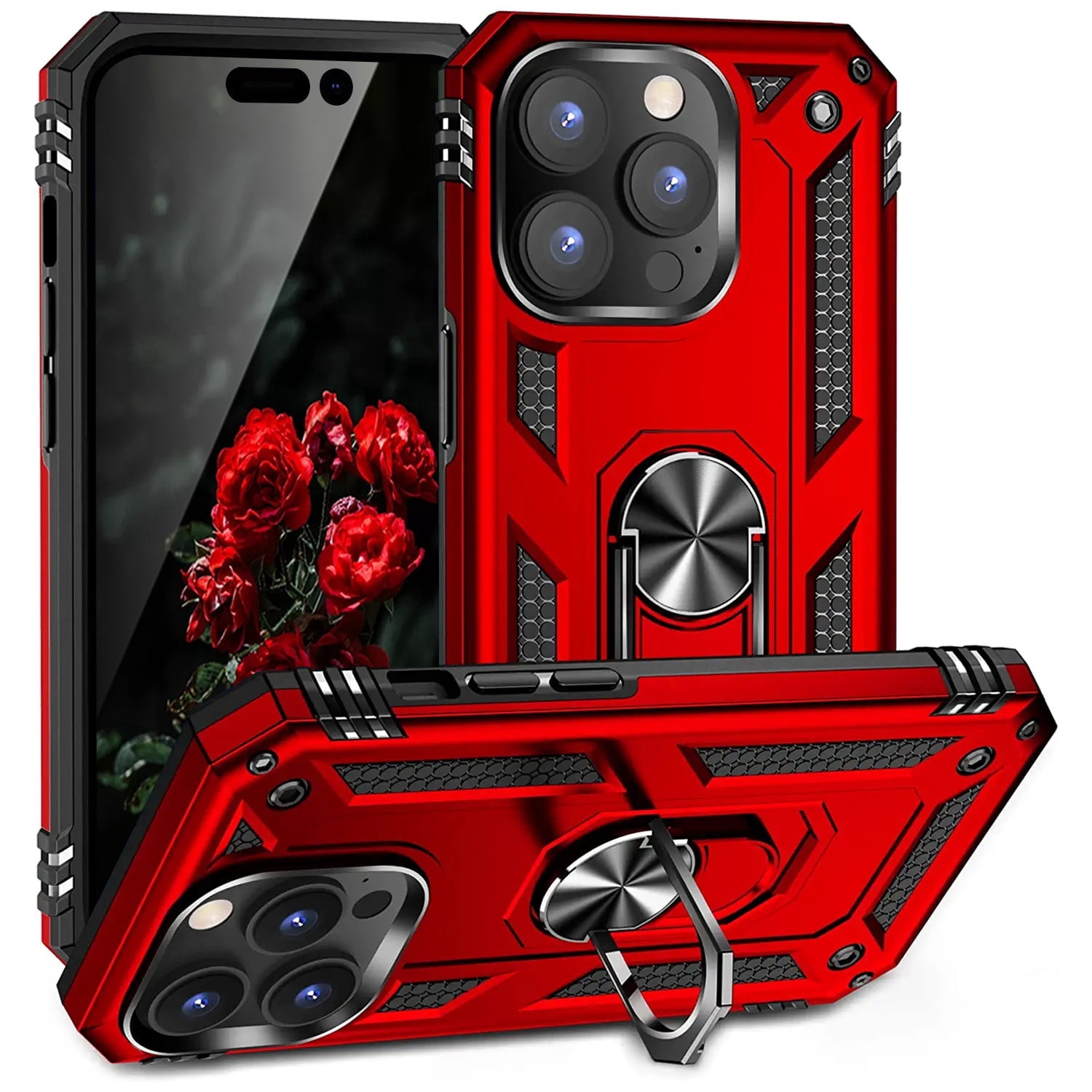 TJS Phone Case for Apple iPhone 14 Pro Max, Impact Resistant Metal Ring Magnetic Support Kickstand Drop Protector Cover for iPhone 14 Pro Max (Red)
