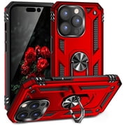TJS Phone Case for Apple iPhone 14 Pro Max, Impact Resistant Metal Ring Magnetic Support Kickstand Drop Protector Cover for iPhone 14 Pro Max Red