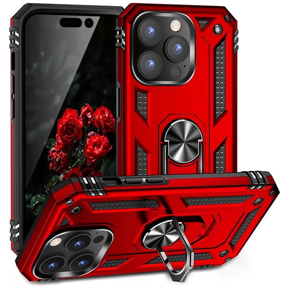 TJS Phone Case for Apple iPhone 14 Pro Max, Impact Resistant Metal Ring Magnetic Support Kickstand Drop Protector Cover for iPhone 14 Pro Max (Red)