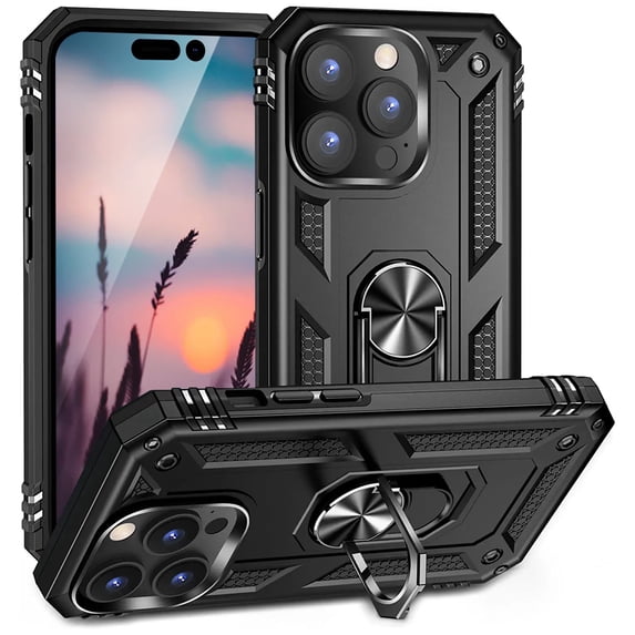 TJS Phone Case for Apple iPhone 14 Pro Max, Impact Resistant Metal Ring Magnetic Support Kickstand Drop Protector Cover for iPhone 14 Pro Max (Black)