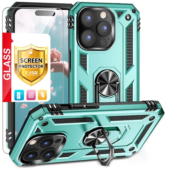 TJS for Apple iPhone 14 Pro Phone Case, with Tempered Glass Screen Protector, Impact Resistant Metal Ring Magnetic Support Kickstand Drop Protector Cover for iPhone 14 Pro (Teal)