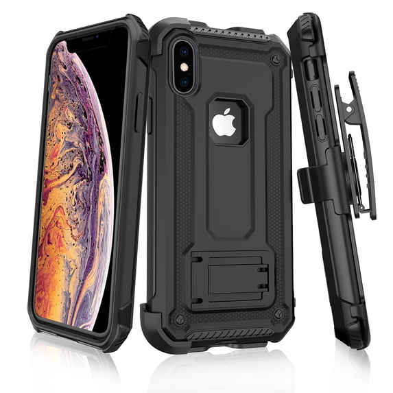 TJS Apple iPhone XS / iPhone X Case, 360° Belt Clip Holster Dual Layer Hybrid Shock Absorbing Resist Kickstand Armor Phone Case Cover (Black)