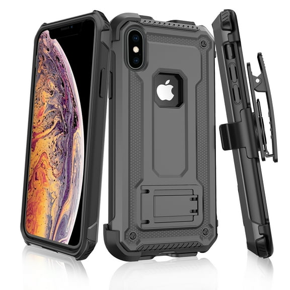 TJS Apple iPhone XS / iPhone X Case, 360° Belt Clip Holster Dual Layer Hybrid Shock Absorbing Resist Kickstand Armor Phone Case Cover (Gray)