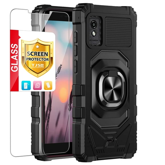 TJS for BLU Studio Mini 2023 Phone Case, with Tempered Glass Screen Protector, [Military Grade] Robotic Magnetic Support Car Mount Metal Ring Holder Kickstand Cover (Black)