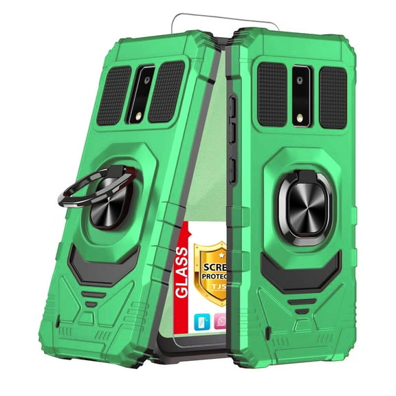 TJS for BLU View 4 (B135DL) Phone Case, with Tempered Glass Screen Protector, [Military Grade] Robotic Magnetic Support Car Mount Metal Ring Holder Kickstand Cover (Green)