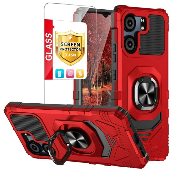 TJS for BLU View 5 (B610V) / BLU F5 5G Phone Case, with Tempered Glass Screen Protector, [Military Grade] Robotic Magnetic Support Car Mount Metal Ring Holder Kickstand Cover (Red)
