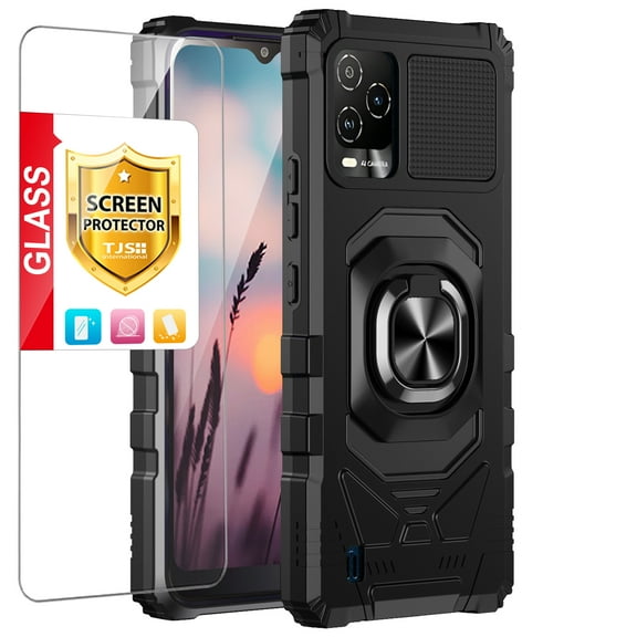 TJS for BLU View 5 Pro (B170D) Phone Case, with Tempered Glass Screen Protector, [Military Grade] Robotic Magnetic Support Car Mount Metal Ring Holder Kickstand Cover (Black)