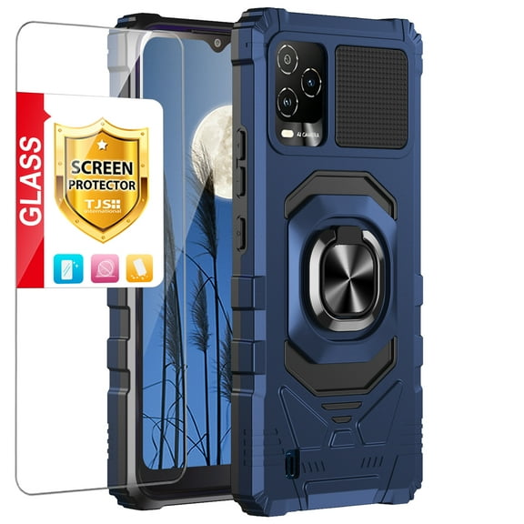 TJS for BLU View 5 Pro (B170D) Phone Case, with Tempered Glass Screen Protector, [Military Grade] Robotic Magnetic Support Car Mount Metal Ring Holder Kickstand Cover (Blue)