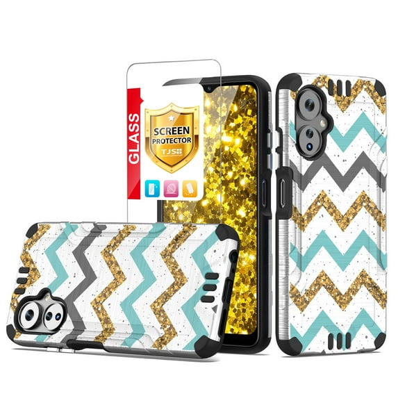 TJS for Boost Mobile Celero 5G 2024 (3rd Version) Phone Case, with Tempered Glass Screen Protector, Magnetic Support Dual Layer Shockproof Brushed Metallic Cover for Celero3 5G (Zigzag)