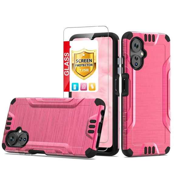 TJS for Boost Mobile Celero 5G 2024 (3rd Version) Phone Case, with Tempered Glass Screen Protector, Magnetic Support Dual Layer Shockproof Brushed Metallic Cover for Celero3 5G (Pink)