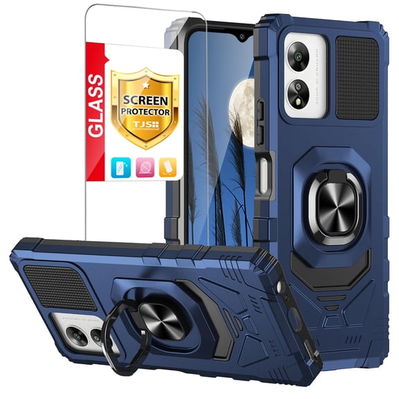TJS for Boost Mobile Celero5G SC Phone Case, with Tempered Glass Screen Protector, [Military Grade] Robotic Magnetic Support Car Mount Metal Ring Holder Kickstand Cover for Celero 5G SC (Blue)