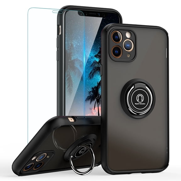 TJS Compatible with iPhone 11 Pro Max Case with Tempered Glass Screen Protector, 360 Degrees Rotating Metal Ring Magnetic Support Kickstand Cover (Black)