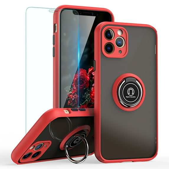 TJS Compatible with iPhone 11 Pro Max Case with Tempered Glass Screen Protector, 360 Degrees Rotating Metal Ring Magnetic Support Kickstand Cover (Red)