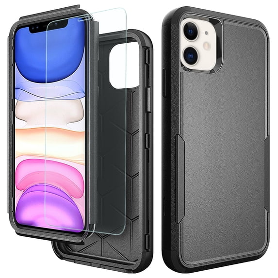 TJS Phone Case for iPhone 11, with Tempered Glass Screen Protector, Heavy Duty Rugged Shockproof Full Body Protection Phone Cover (Black)