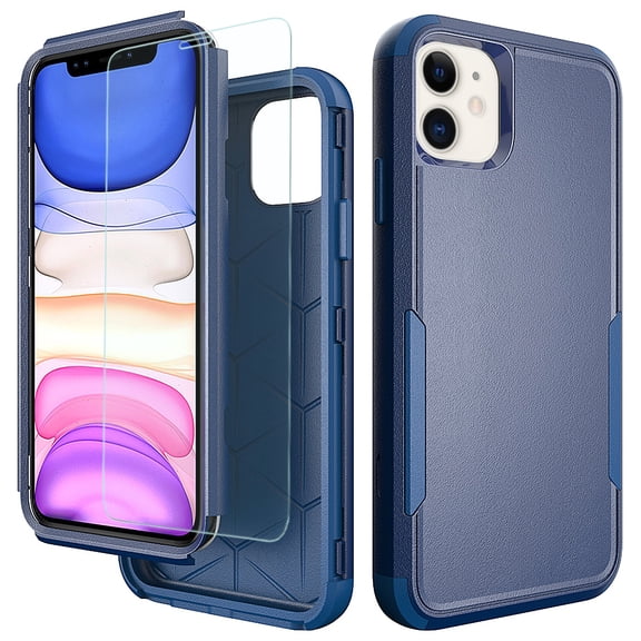 TJS Compatible with iPhone 11 Case with Tempered Glass Screen Protector, Heavy Duty Rugged Shockproof Full Body Protection Phone Cover (Blue)