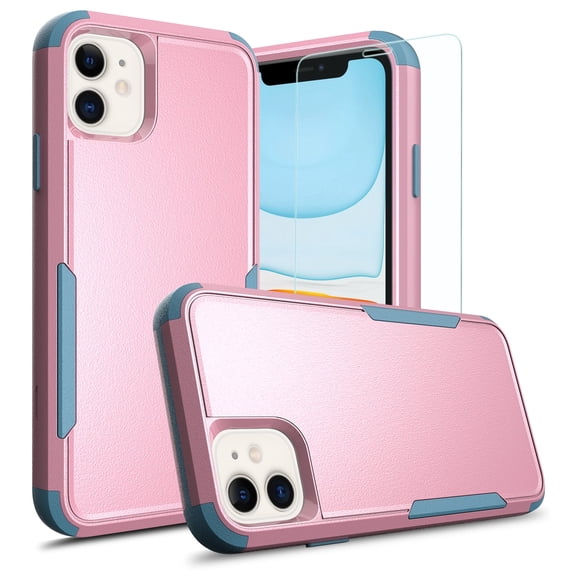 TJS Compatible with iPhone 11 Case with Tempered Glass Screen Protector, Heavy Duty Rugged Shockproof Full Body Protection Phone Cover (Pink)