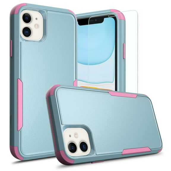 TJS Compatible with iPhone 11 Case with Tempered Glass Screen Protector, Heavy Duty Rugged Shockproof Full Body Protection Phone Cover (Teal)
