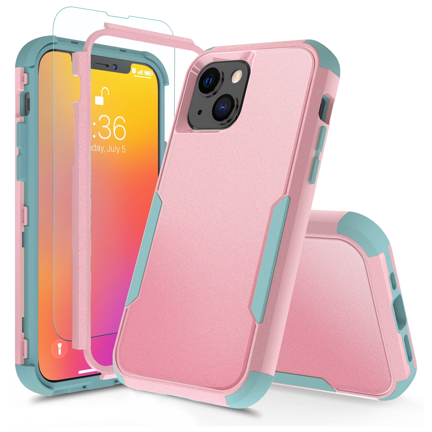 TJS Compatible with iPhone 13 Case with Tempered Glass Screen Protector, Heavy Duty Rugged Shockproof Full Body Protection Phone Case (Pink)