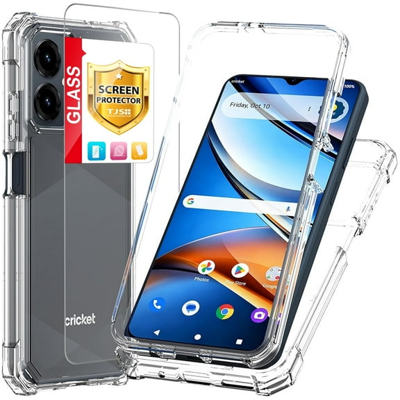 TJS for Cricket Icon 2026 / AT&T Propel 3 5G Phone Case, with Tempered Glass Screen Protector, Full Body Protective Heavy Duty Hybrid Bumper Cover (Clear)