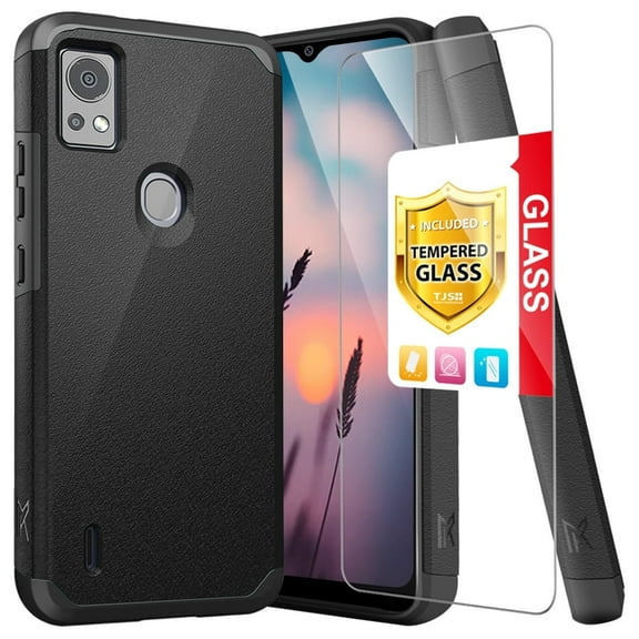 TJS for Cricket Icon 5 / AT&T Motivate 4 Phone Case, with Tempered Glass Screen Protector, Magnetic Support Dual Layer Shockproof Drop Protection Impact Cover (Black)