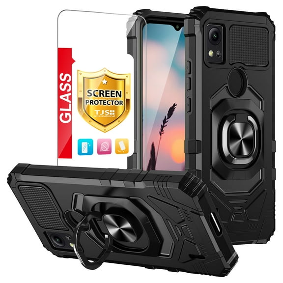 TJS for Cricket Icon 5 / AT&T Motivate 4 Phone Case, with Tempered Glass Screen Protector, [Military Grade] Robotic Magnetic Support Car Mount Metal Ring Holder Kickstand Cover (Black)