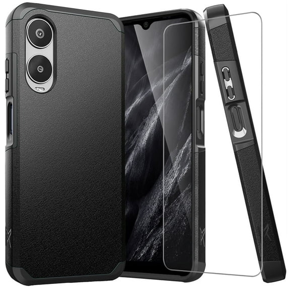 TJS for Cricket Icon 6 (SL219C) / AT&T Verge (SL219A) Phone Case, with Tempered Glass Screen Protector, Magnetic Support Dual Layer Shockproof Drop Protection Impact Cover (Black)