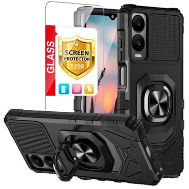 TJS for Cricket Icon 6 (SL219C) / AT&T Verge (SL219A) Phone Case, with Tempered Glass Screen Protector, [Military Grade] Robotic Magnetic Support Car Mount Metal Ring Holder Kickstand Cover (Black)