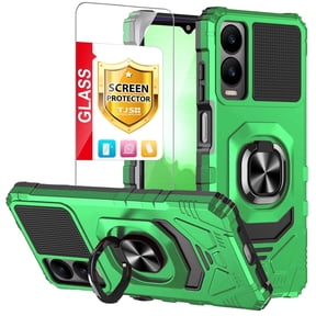 TJS for Cricket Icon 6 (SL219C) / AT&T Verge (SL219A) Phone Case, with Tempered Glass Screen Protector, [Military Grade] Robotic Magnetic Support Car Mount Metal Ring Holder Kickstand Cover (Green)