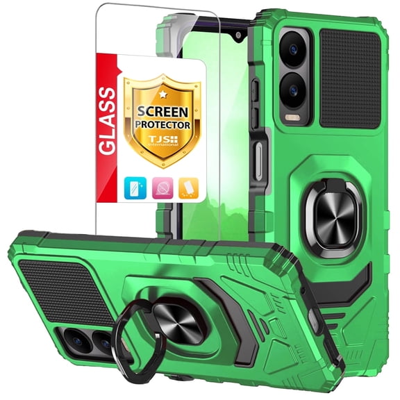 TJS for Cricket Icon 6 (SL219C) / AT&T Verge (SL219A) Phone Case, with Tempered Glass Screen Protector, [Military Grade] Robotic Magnetic Support Car Mount Metal Ring Holder Kickstand Cover (Green)