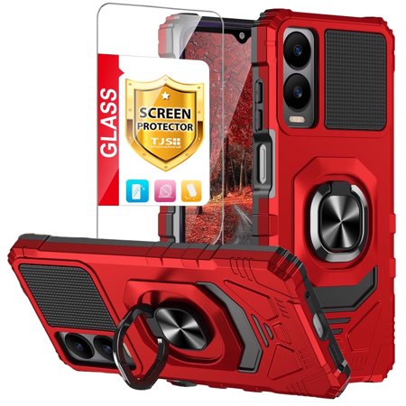 TJS for Cricket Icon 6 (SL219C) / AT&T Verge (SL219A) Phone Case, with Tempered Glass Screen Protector, [Military Grade] Robotic Magnetic Support Car Mount Metal Ring Holder Kickstand Cover (Red)