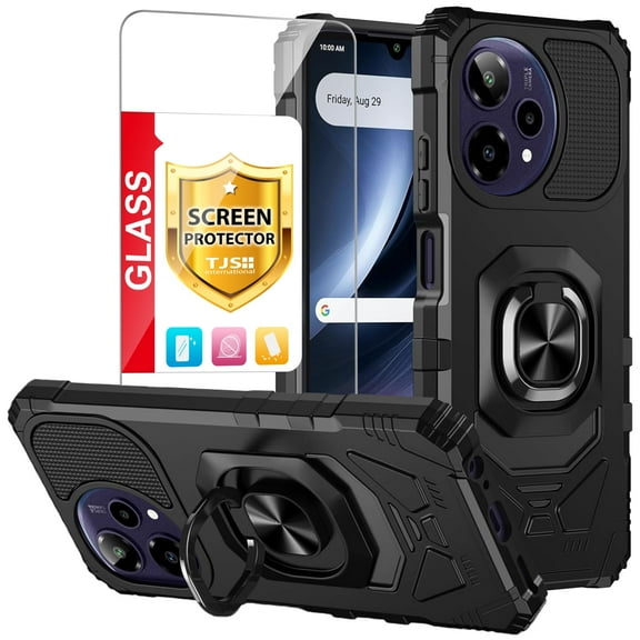 TJS for Cricket Icon PLUS 2026 / AT&T Verge 2 Phone Case, with Tempered Glass Screen Protector, [Military Grade] Robotic Magnetic Support Car Mount Metal Ring Holder Kickstand Cover (Black)