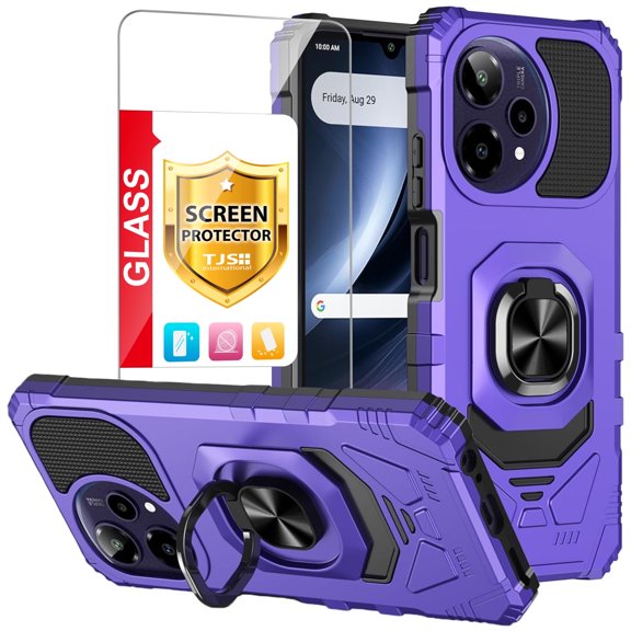 TJS for Cricket Icon PLUS 2026 / AT&T Verge 2 Phone Case, with Tempered Glass Screen Protector, [Military Grade] Robotic Magnetic Support Car Mount Metal Ring Holder Kickstand Cover (Purple)