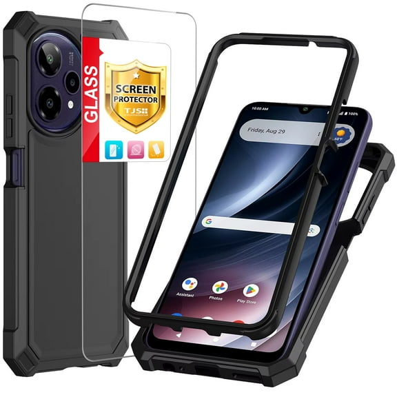 TJS for Cricket Icon PRO 2026 / AT&T Motivate Pro 2 5G Phone Case, with Tempered Glass Screen Protector, Full Body Protective Heavy Duty Hybrid Bumper Cover (Black)