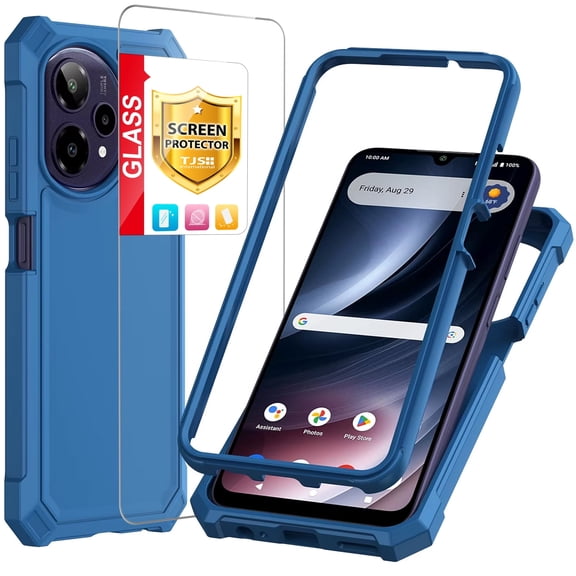 TJS for Cricket Icon PRO 2026 / AT&T Motivate Pro 2 5G Phone Case, with Tempered Glass Screen Protector, Full Body Protective Heavy Duty Hybrid Bumper Cover (Blue)