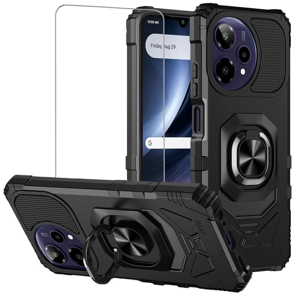 TJS Phone Case for Cricket Icon PRO 2026 / AT&T Motivate Pro 2 5G, with Tempered Glass Screen Protector, [Military Grade] Robotic Magnetic Support Car Mount Metal Ring Holder Kickstand Cover (Black)