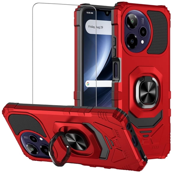 TJS Phone Case for Cricket Icon PRO 2026 / AT&T Motivate Pro 2 5G, with Tempered Glass Screen Protector, [Military Grade] Robotic Magnetic Support Car Mount Metal Ring Holder Kickstand Cover (Red)
