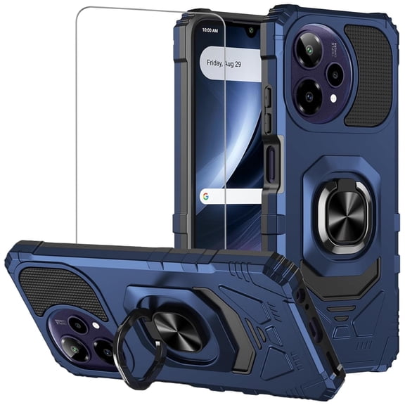 TJS Phone Case for Cricket Icon PRO 2026 / AT&T Motivate Pro 2 5G, with Tempered Glass Screen Protector, [Military Grade] Robotic Magnetic Support Car Mount Metal Ring Holder Kickstand Cover (Blue)